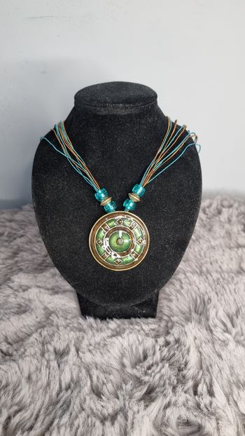 Collier métal bronze fantaisie vintage vert et brun neuf avec diamand