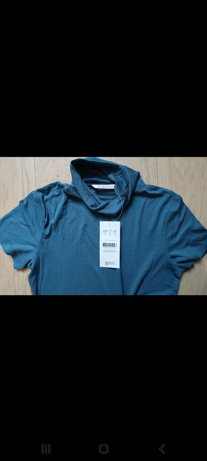 T-shirt à manches courtes et col roulé bleu/vert CAMAIEU - Taille 1 - photo numéro 3