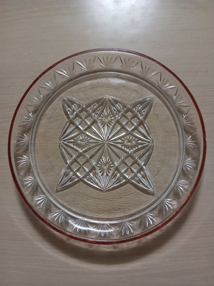 Plat rond en verre vintage motif feuilles mauve sur le rebord 23x23 cm - photo numéro 6