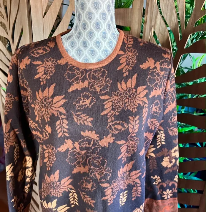 Pull en laine merinos motif à fleurs marron beige orange taille 3 44 lewinger chaud - photo numéro 2