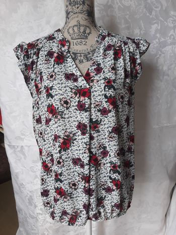 Faby27800 Blouse femme, couleur fond blanc petites feuilles bleues T 44