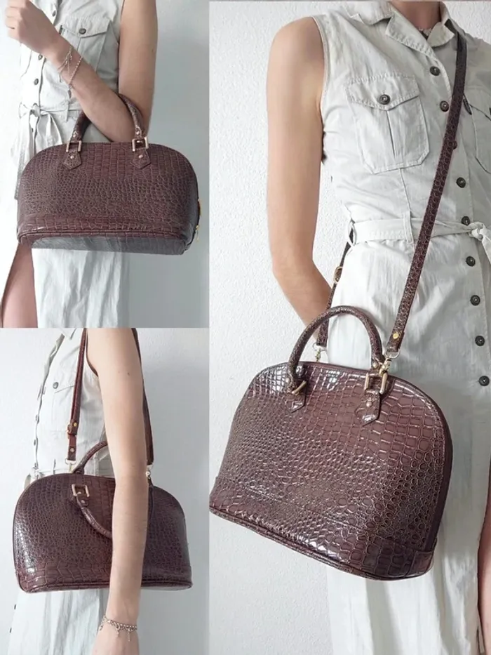 Sac à main marron cuir vernis bandoulière amovible écaille vintage / Lucia Tommasi - 33x24x17cm - photo numéro 2