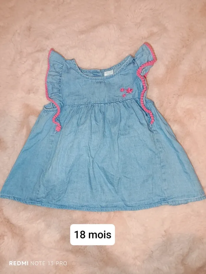 Robe jean souple froufrou rose fleurs