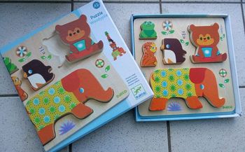 Puzzle en bois marque Djeco, dès 12 mois, motif animaux , 5 morceaux