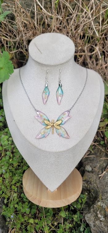 Parure elfique ensemble collier et boucles d'oreilles en argent aile de fée papillon 