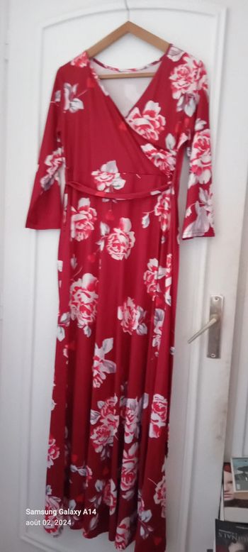 Robe très longue viscose motif roses bordeaux femme L
