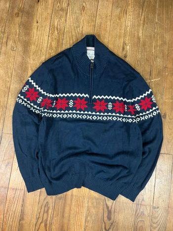 Pull maille vintage 100% coton 1/4 zip motifs marine blanc rouge XXL