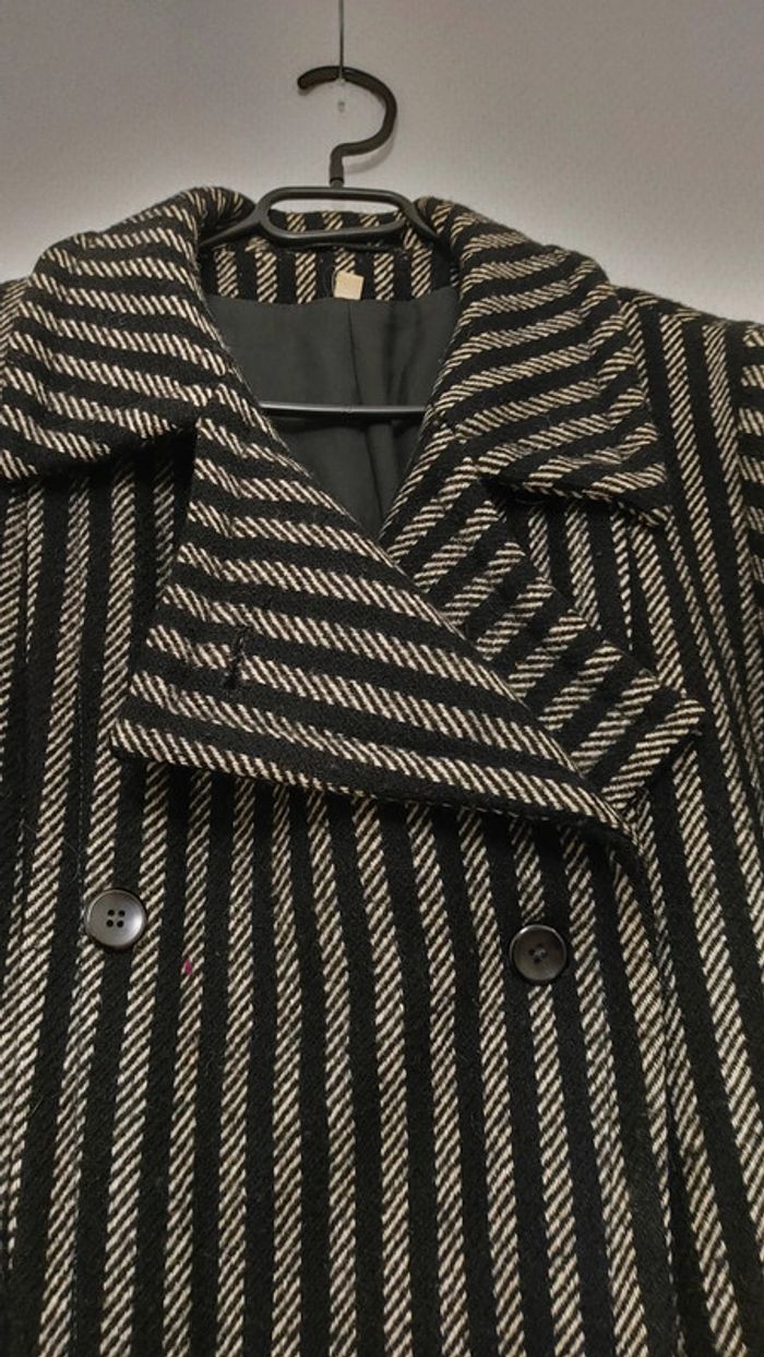 Veste manteau vintage en laine mélanger motif chevron rayé noir - photo numéro 8