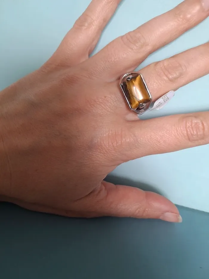 Bague œil de tigre plaqué argent - Taille 19 - photo numéro 4