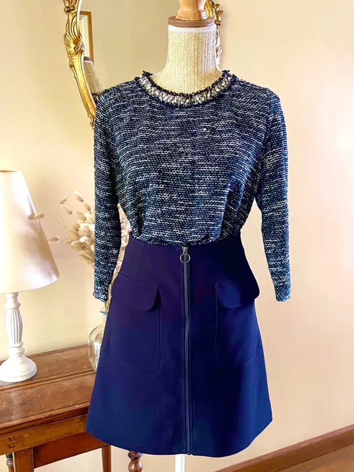 sublime Top maille tweed effet bouclette col rond perles manches 3 4 neuf - photo numéro 11