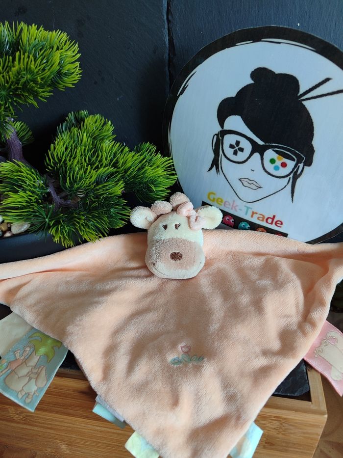 doudou plat girafe vache noukie's orange beige marron noeud rose  ancien fleur palmier