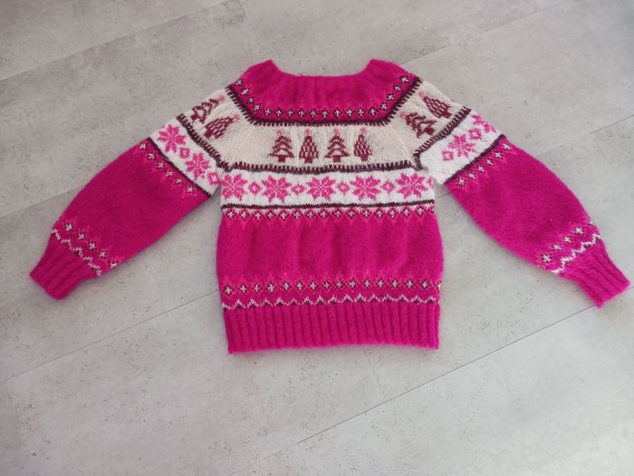 Pull fushia jacquard mohair tricoté main 38 Plassard neuf