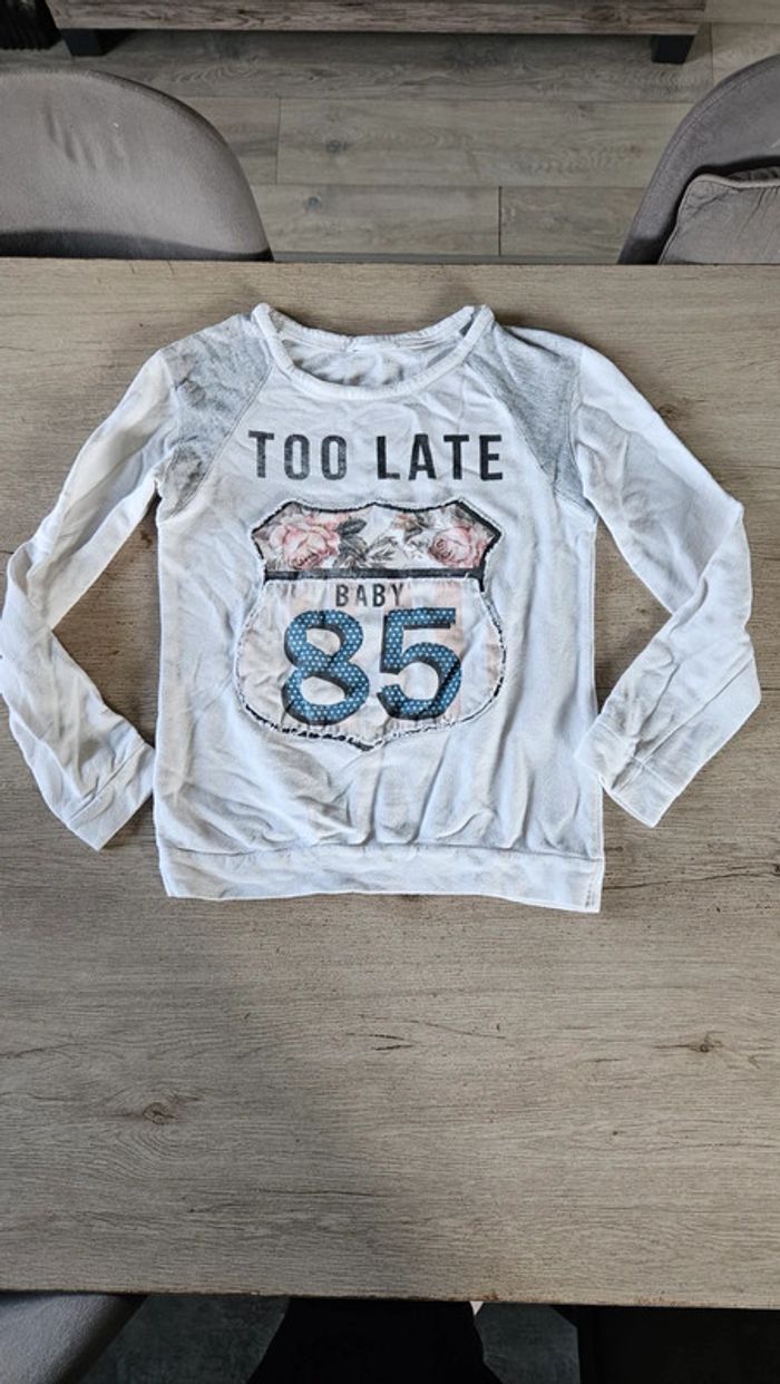 Pull blanc, manches longues, Too Late Baby, Bershka, taille S, nickel