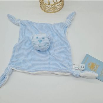 Doudou plat chat ours blanc bleu noeud rayure rayé boutchou monoprix