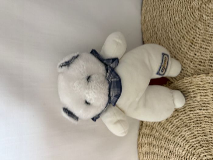 Doudou ours blanc bleu Ajena vintage manque nez - photo numéro 4