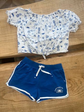 Ensemble été short blouse tunique t-shirt blanc bleu Zara okaidi 7 ans été