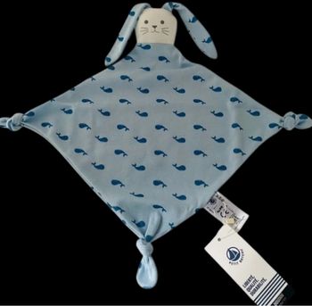 ❤️ Doudou plat Mouchoir Lange lapin Bleu blanc PETIT BATEAU Baleine