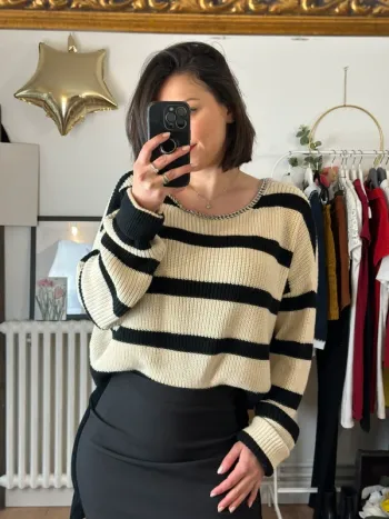 Pull The Kooples rayé noir et beige taille 36
