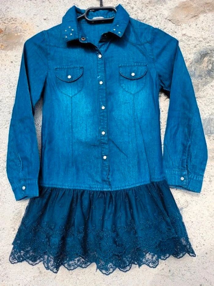 Confetti, très belle Robe en jeans col chemise et jupe dentelle 8 ans - photo numéro 2