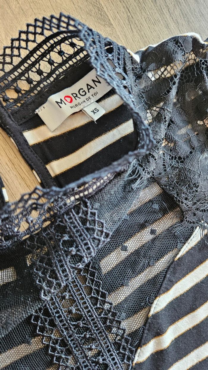 Top haut dentelle, rayures et noir, taille XS, Morgan - photo numéro 2