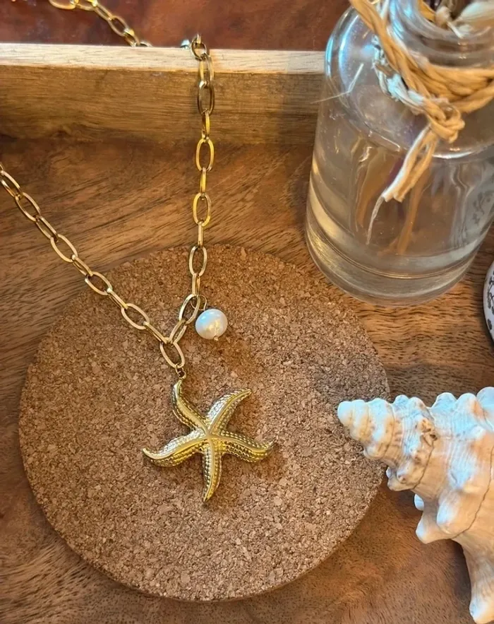 Collier pendentif en acier inoxydable pour femme, grande étoile de mer, perle d’eau douce naturelle - photo numéro 3