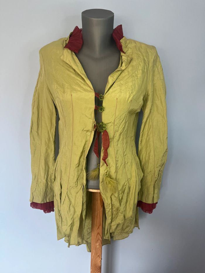 Veste légère Saona verte & rose - Taille 42 - Boutons fleuris & épaules rembourrées
