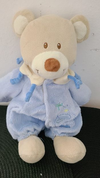 Doudou peluche ours bleu beige Combinaison Pyjama bleue Avion nuage