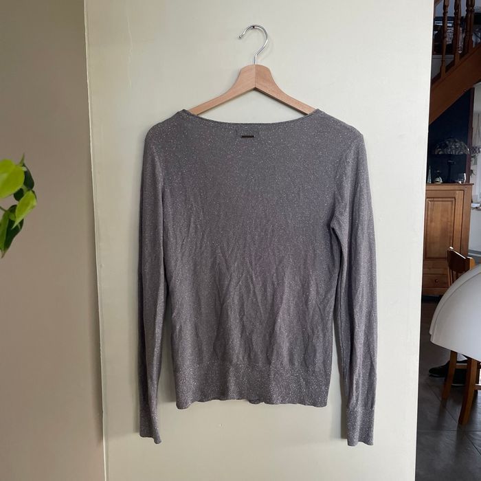 Gilet gris pailleté Bonobo Jeans Taille M fil métallisé décolleté V manches longues - photo numéro 6
