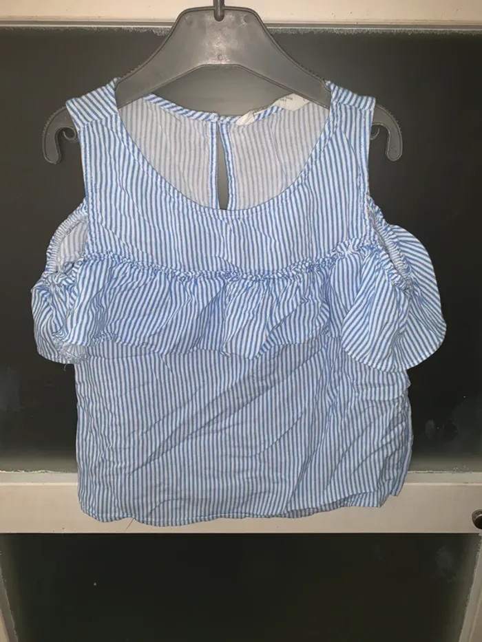 Top à Volants 8/9 ans Rayé Bleu et Blanc, Épaules Dénudées