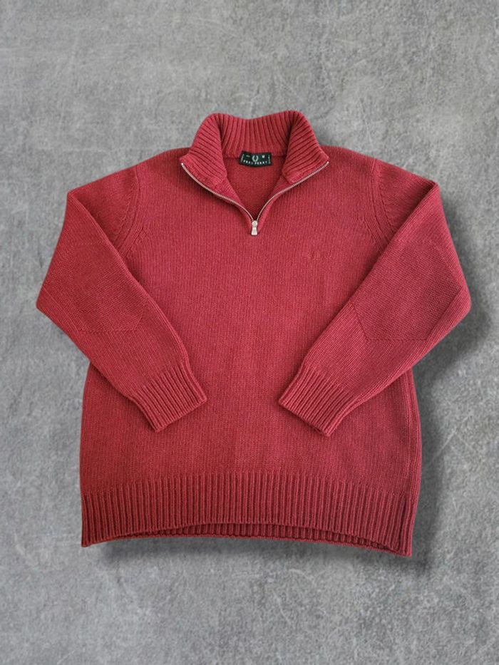 Pull en laine quart zip Fred Perry rouge logo brodé - M