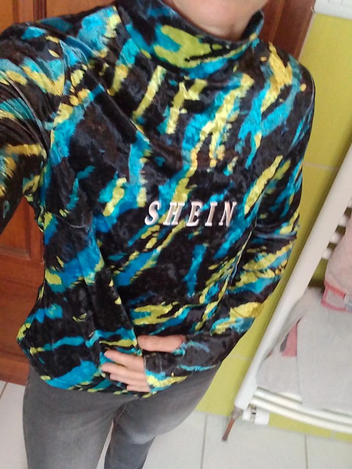 Pull femme col roulé Shein bleu vert noir - photo numéro 2