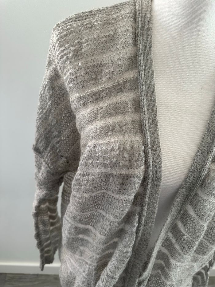 Cardigan oversize maille ajourée gris et blanc mohair Benetton T38 M - photo numéro 2