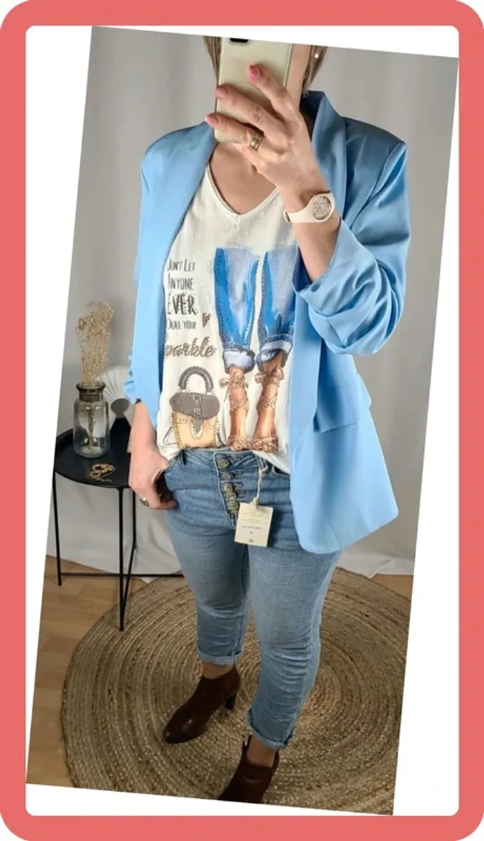 T-Shirt Strass Talons 👠- Taille Unique - Neuf - Bleu - photo numéro 5