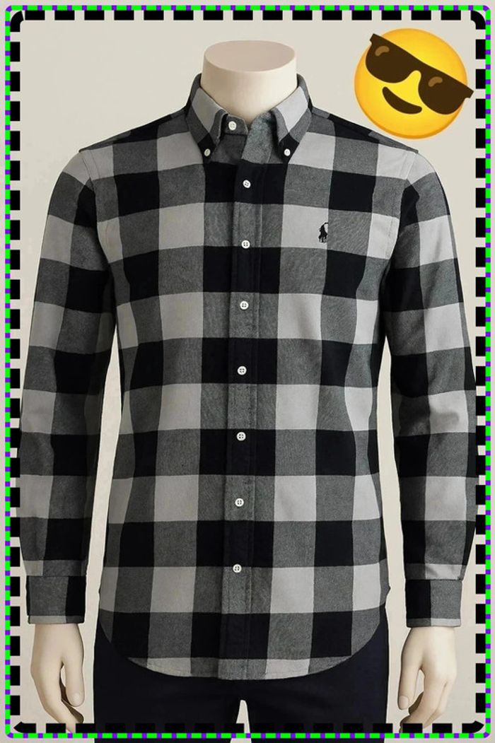 🖤 Chemise manches longues Ralph Lauren à Carreaux Noirs & Gris – Taille M (100% Coton)