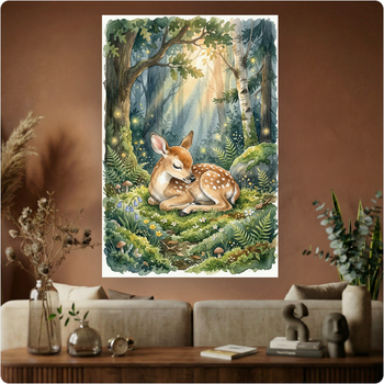 Affiche murale "Faon Endormi Forêt" poster animal nature féerique déco A3 Sans cadre