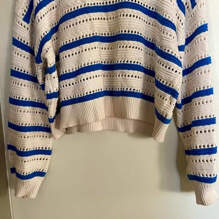 Pull ajouré coton rayé bleu blanc écru BZB taille L 100 % coton maille printemps été légère V060 - photo numéro 4