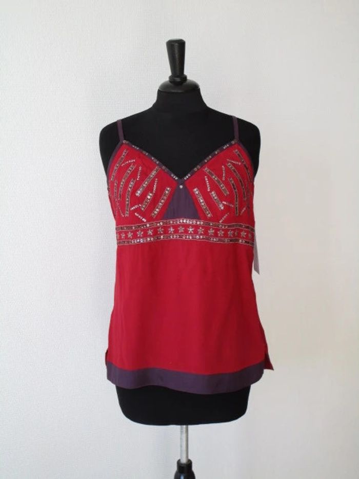 Top bretelles rouge/prune strass Jac Jac 38 NEUF