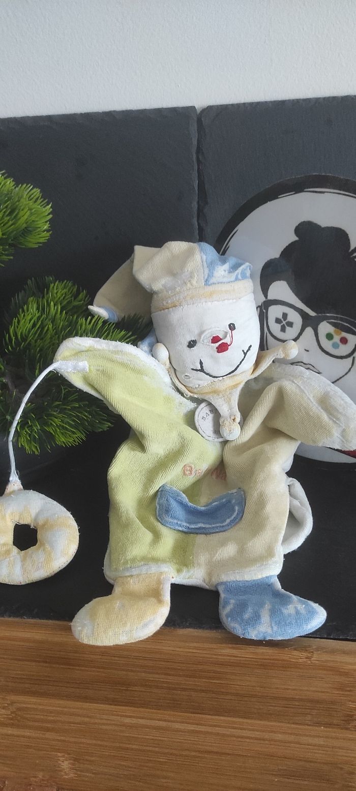 doudou Baby Nat ancien clown marionnette jaune bleu vert rond bonnet bouffon - photo numéro 6