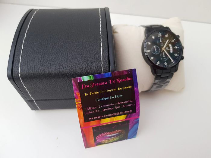 Montre Acier Noir Argenté Diamant Zirconiums Homme - photo numéro 4