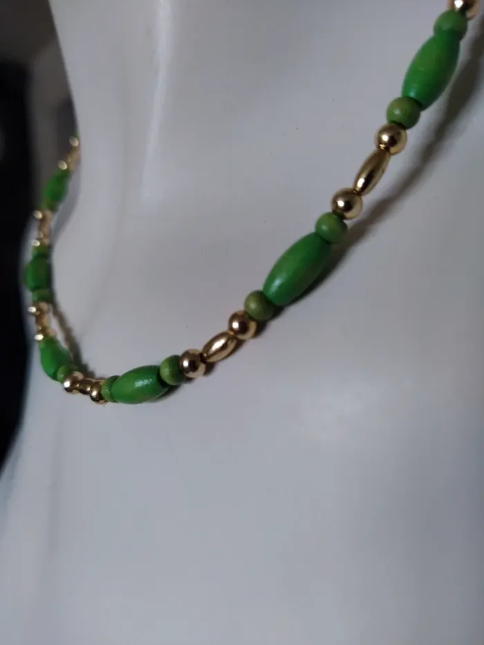Collier necklace fantaisie chic perle doré vert bois - photo numéro 2