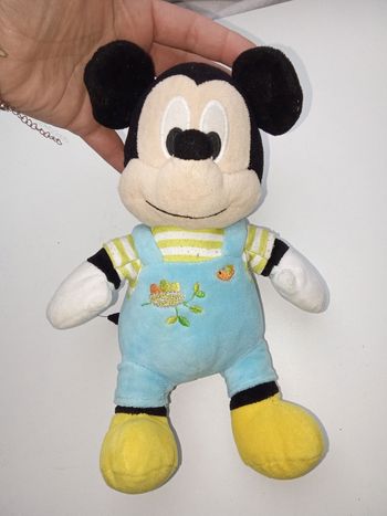 Doudou garçon mickey Disney noir, bleu ciel, salopette, jaune