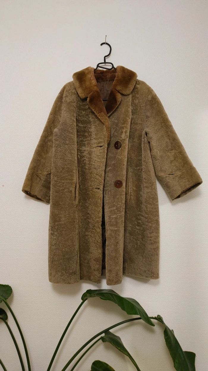 Beau manteau vintage en shearling montone peau de mouton retourné laine S M - photo numéro 9