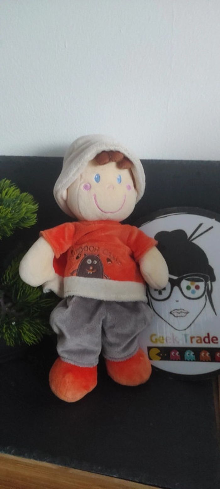 doudou peluche lutin garçon outdoor came nicotoy marron orange chapeau Rose Bleu