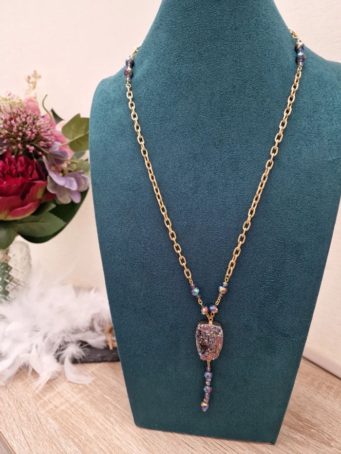 Collier Doré Pierre Agate Perles Cristal Multicolore - photo numéro 2