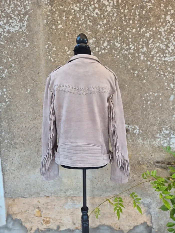 Veste / Perfecto suedine taupe a franges Amisu T.40 - photo numéro 2