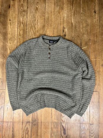 Pull maille vintage coton côtelé kaki Made in El Salvador 1/4 boutons XL
