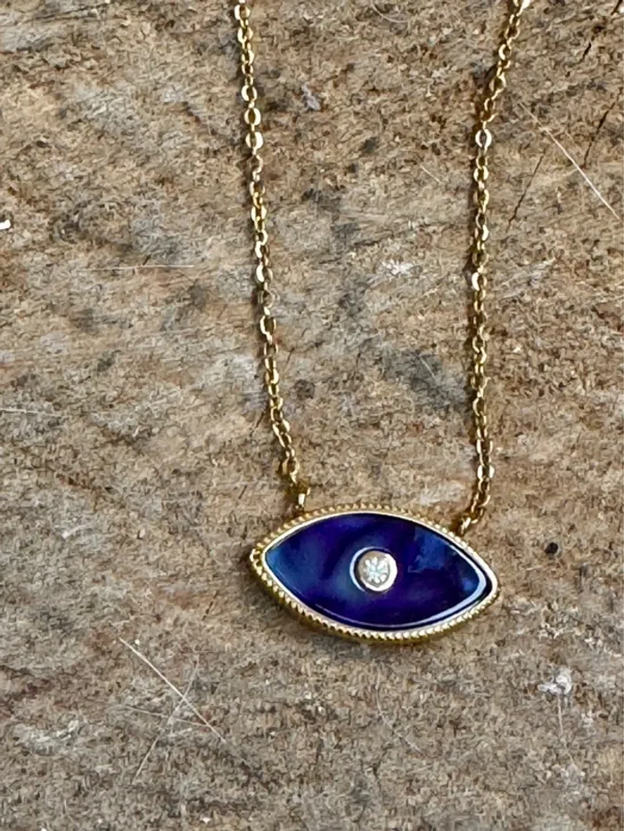 Collier chaîne réglable acier inoxydable or œil bleu lapis-lazuli cristal - photo numéro 4