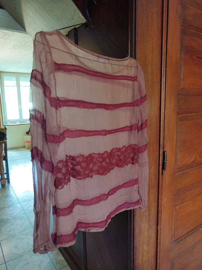 Top blouse rose dentelle col perles vintage M/38 - photo numéro 12