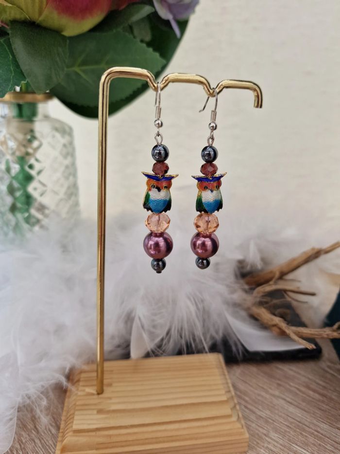 Boucles D'oreilles Hibou Perles Roses Grises Cristal - photo numéro 3