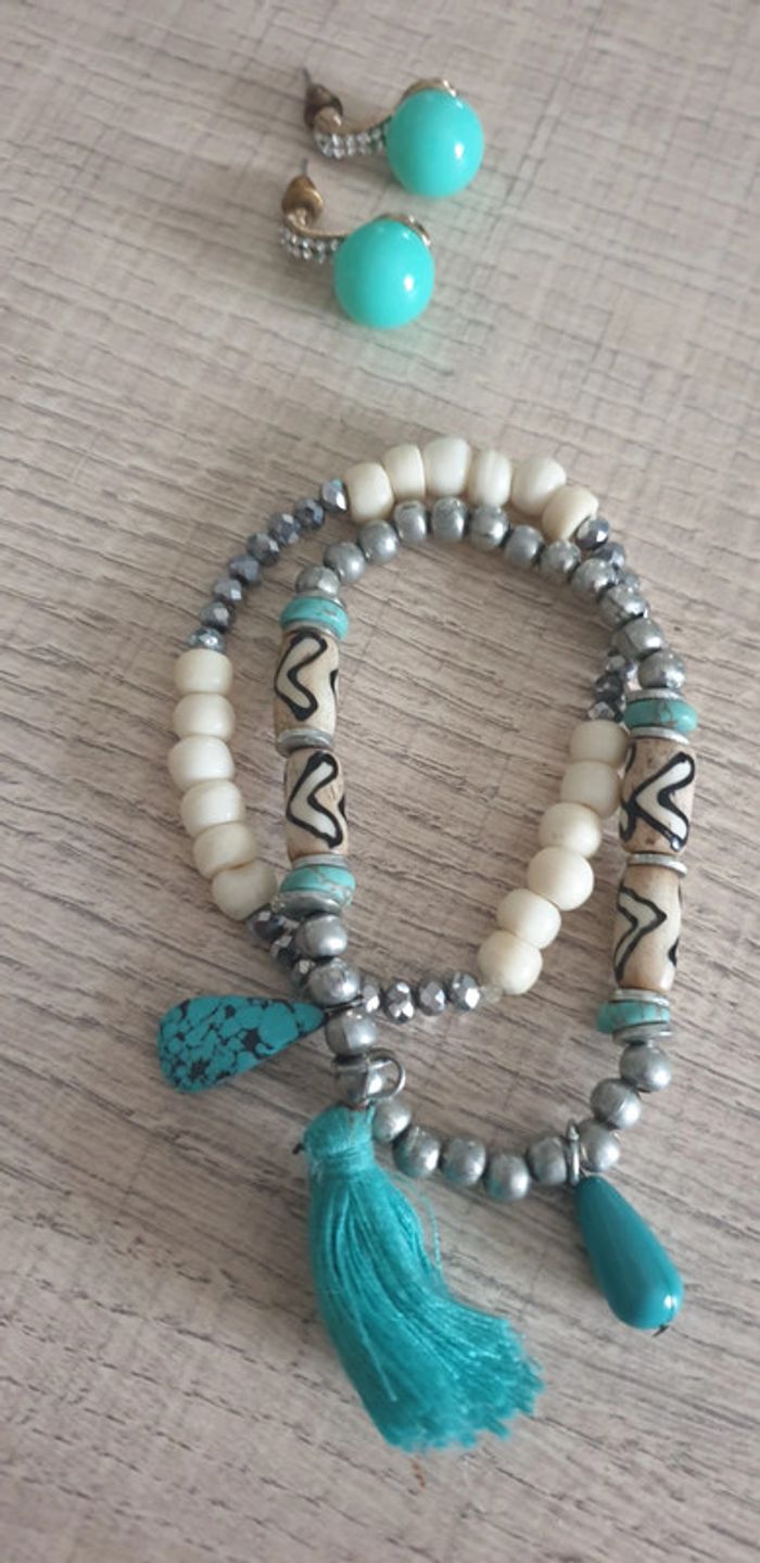 Bracelet perles turquoise/blanc cassé - photo numéro 4